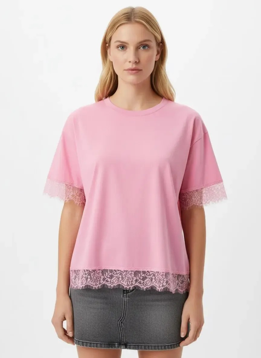 26006 %100 Pamuk Bisiklet Yaka Dantel Detay Salaş Penye Bluz