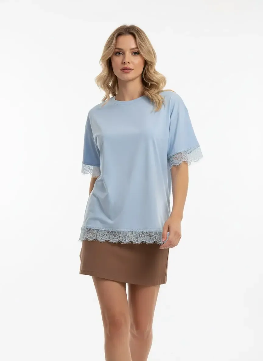 26006 %100 Pamuk Bisiklet Yaka Dantel Detay Salaş Penye Bluz