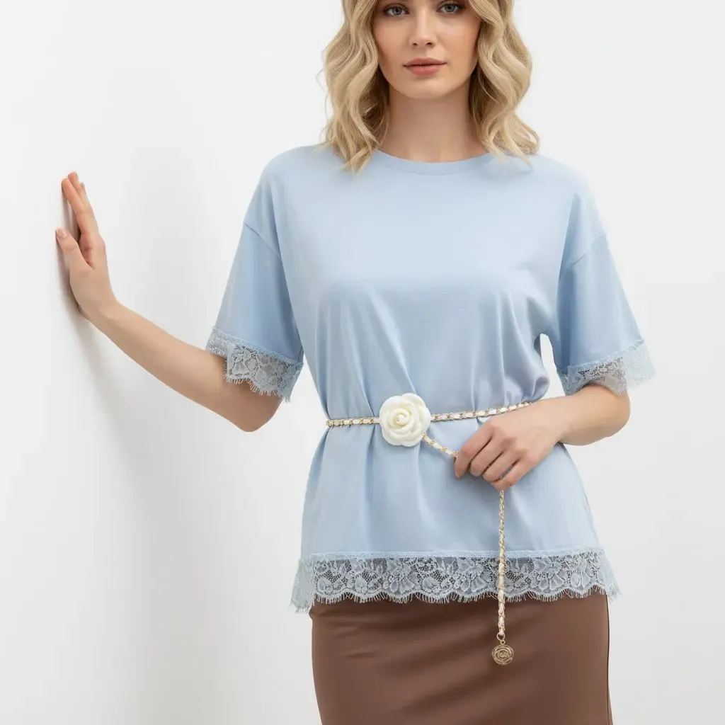 26006 %100 Pamuk Bisiklet Yaka Dantel Detay Salaş Penye Bluz