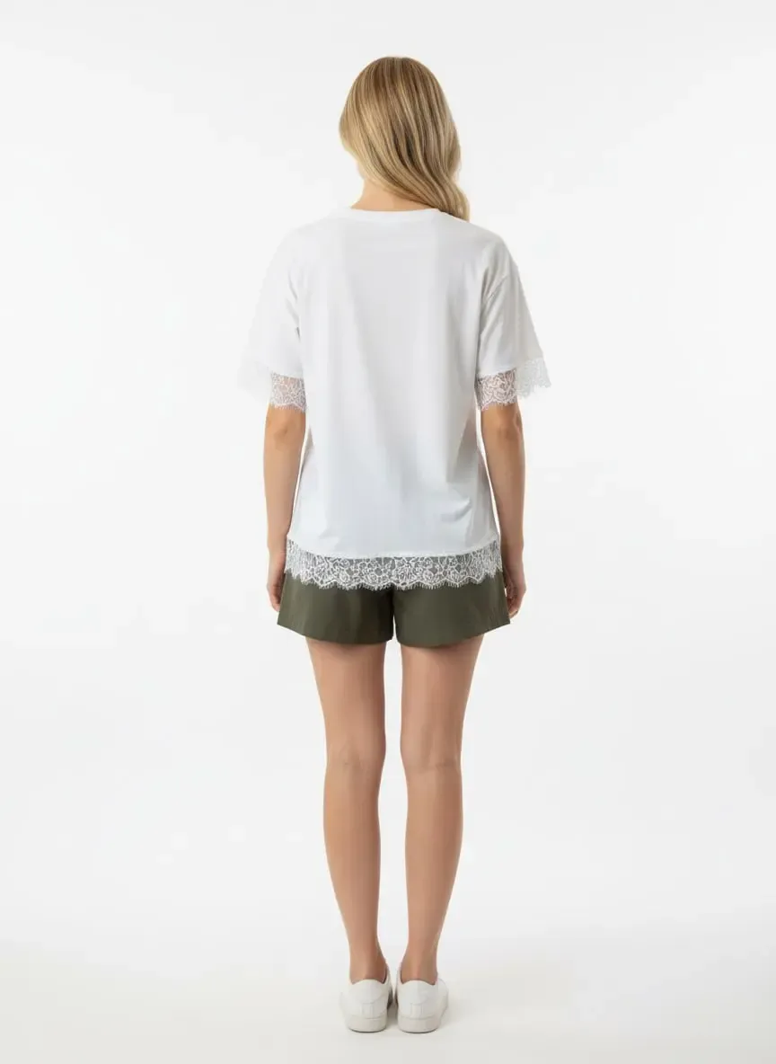 26006 %100 Pamuk Bisiklet Yaka Dantel Detay Salaş Penye Bluz