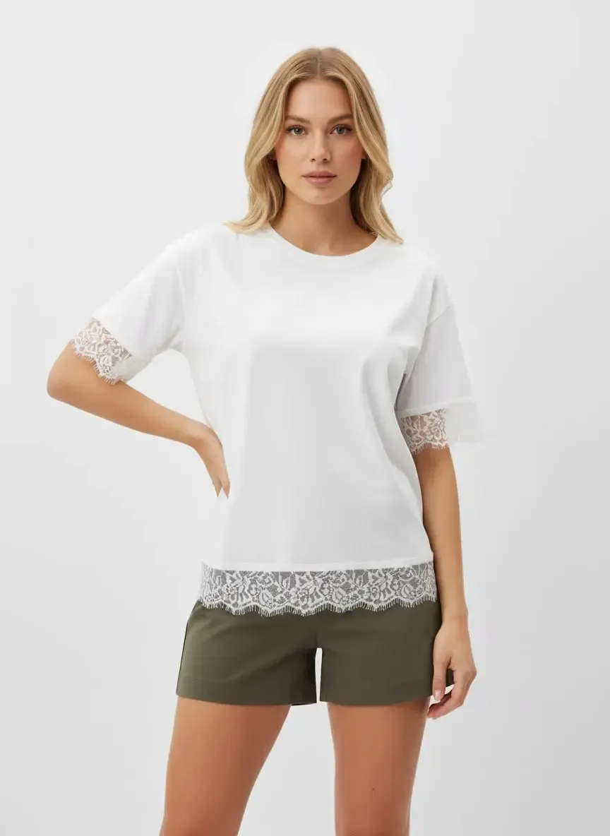 26006 %100 Pamuk Bisiklet Yaka Dantel Detay Salaş Penye Bluz