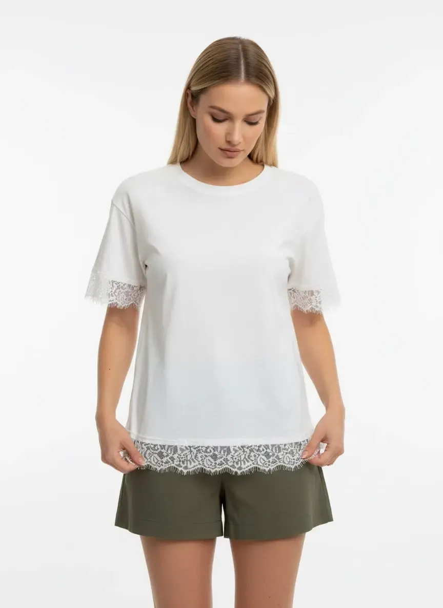 26006 %100 Pamuk Bisiklet Yaka Dantel Detay Salaş Penye Bluz