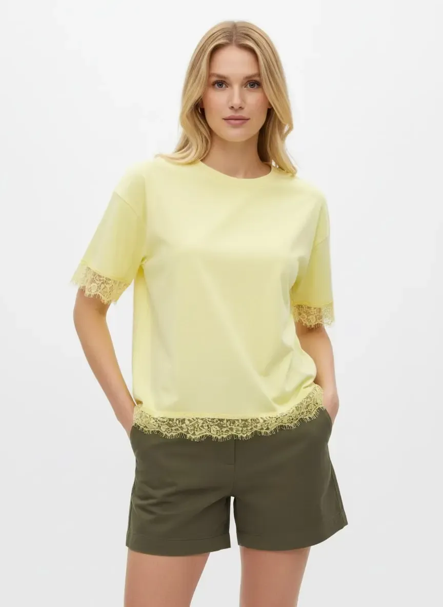 26006 %100 Pamuk Bisiklet Yaka Dantel Detay Salaş Penye Bluz