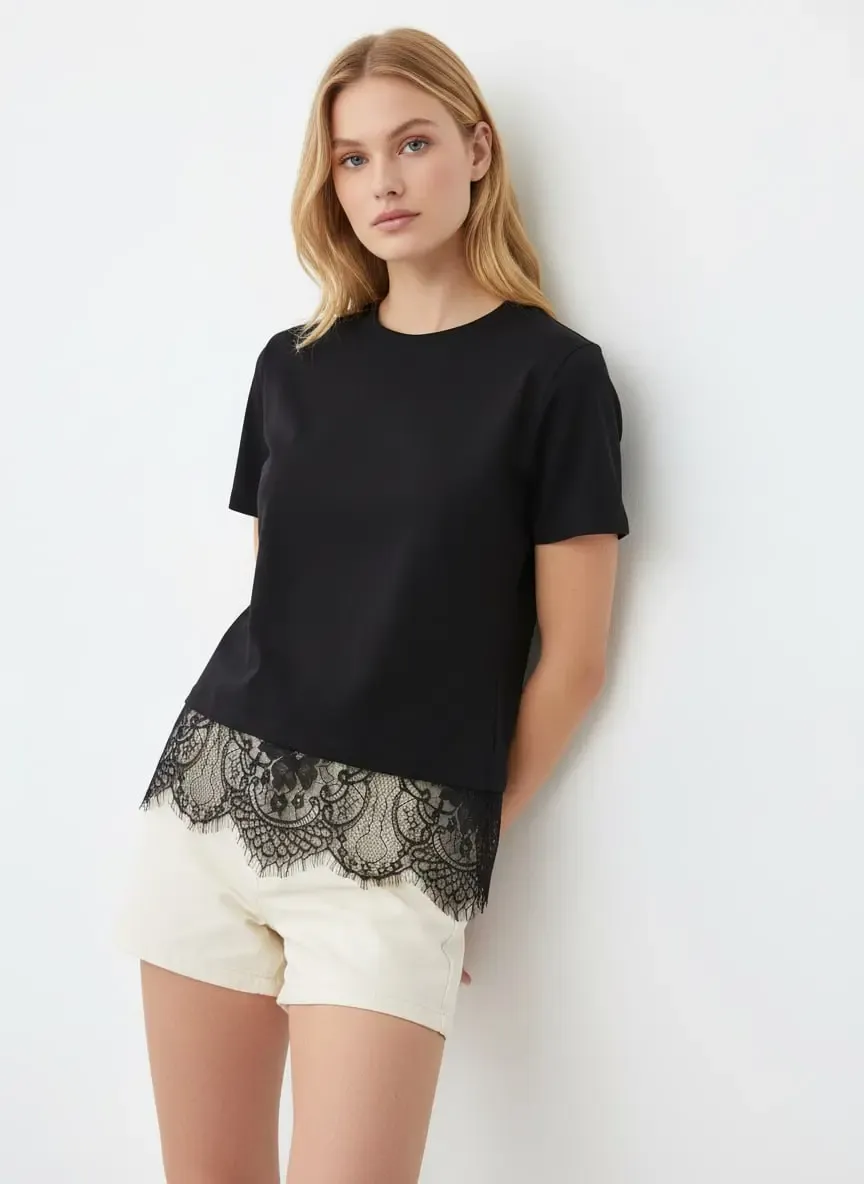 Kadın Bisiklet Yaka Dantel Detay Viskon Penye Bluz 13008