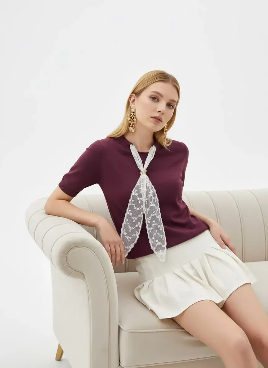 Kadın Bisiklet Yaka Dantel Fular Detay Triko Kazak 12424