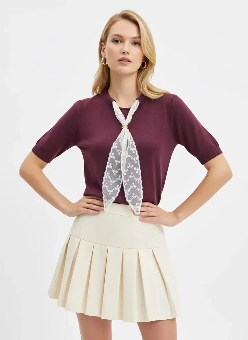 Kadın Bisiklet Yaka Dantel Fular Detay Triko Kazak 12424