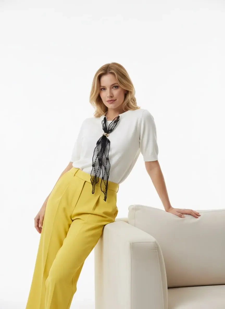 Kadın Bisiklet Yaka Dantel Fular Detay Triko Kazak 12424