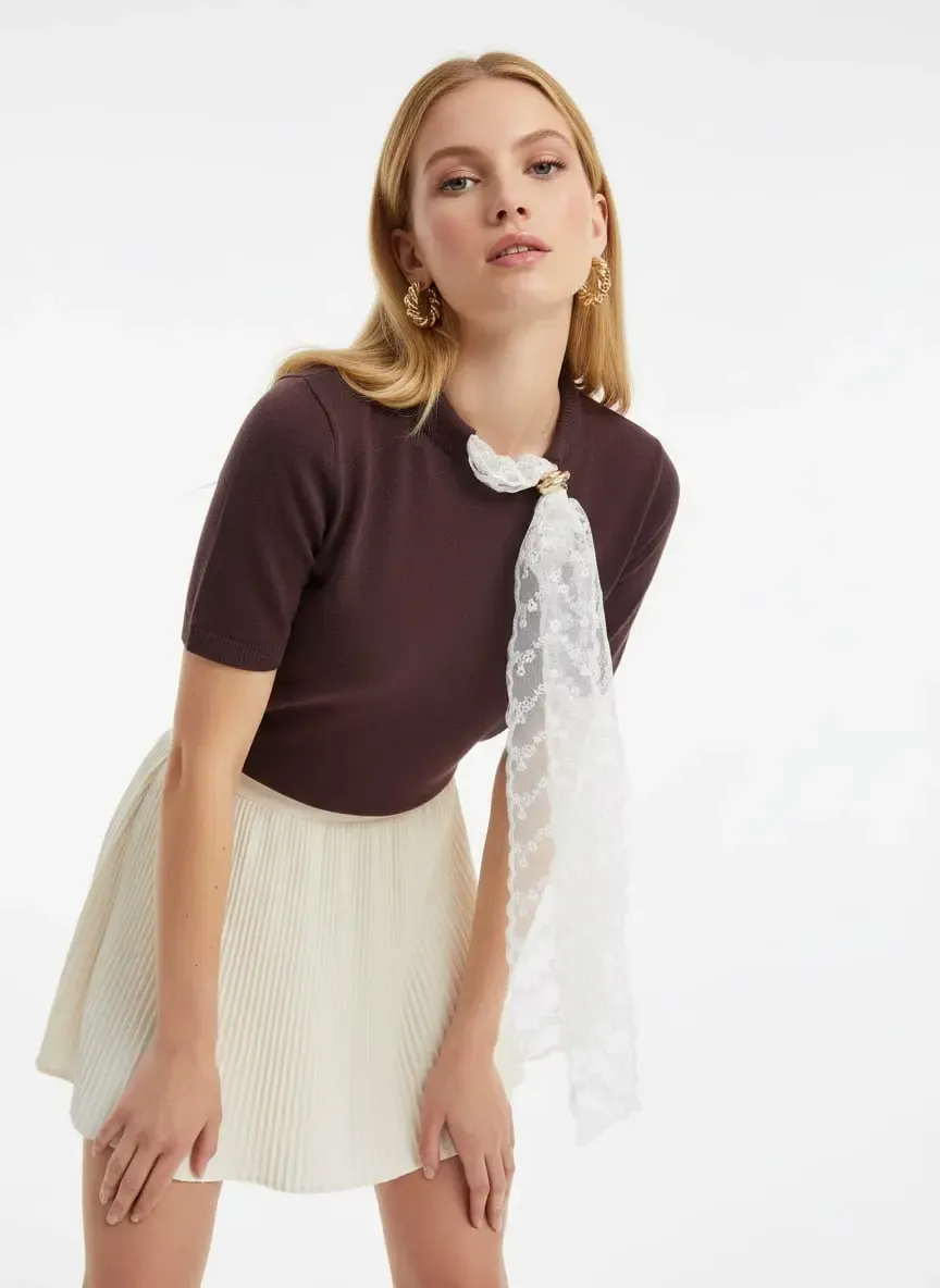 Kadın Bisiklet Yaka Dantel Fular Detay Triko Kazak 12424