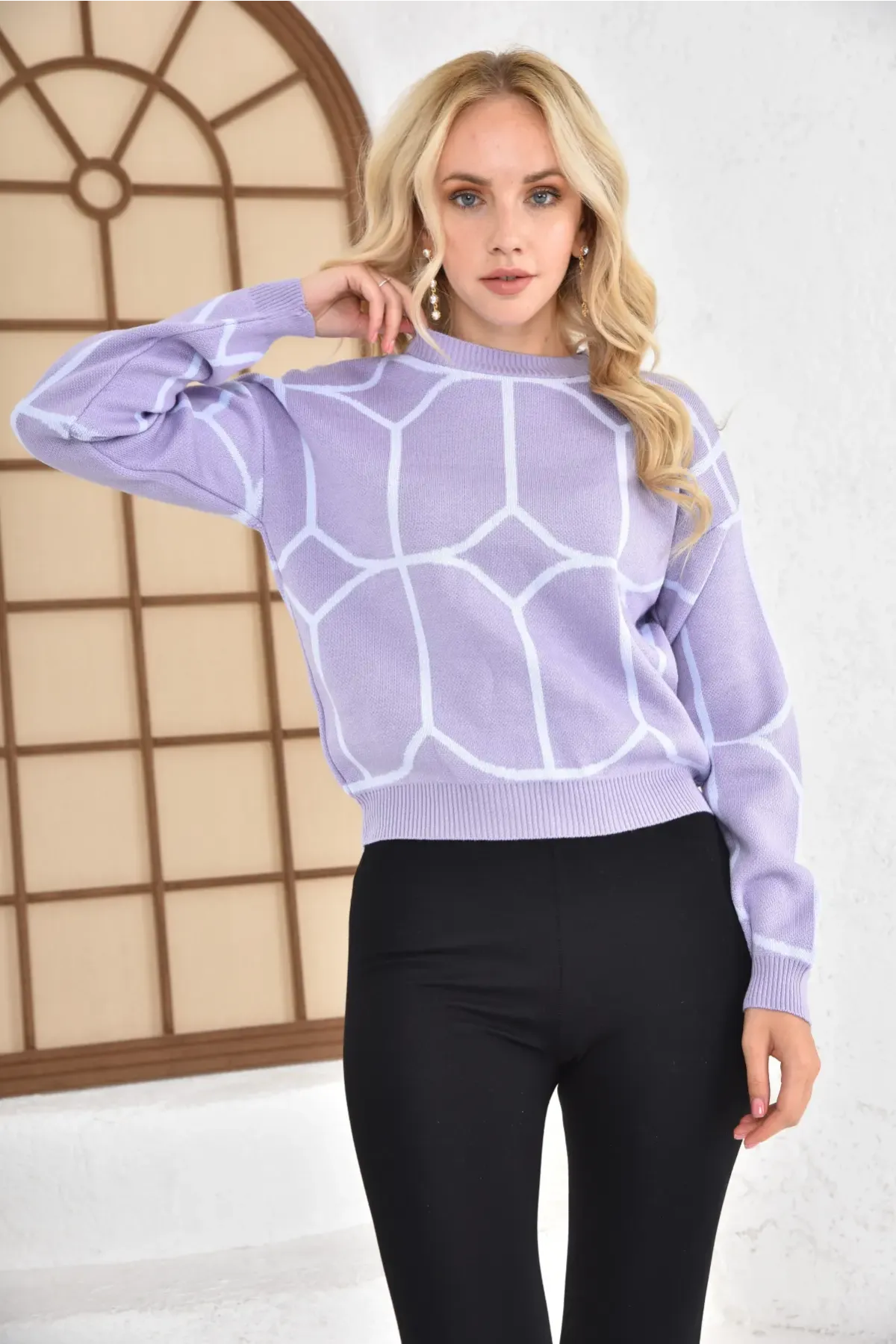 Kadın Bisiklet Yaka Desenli Triko Kazak