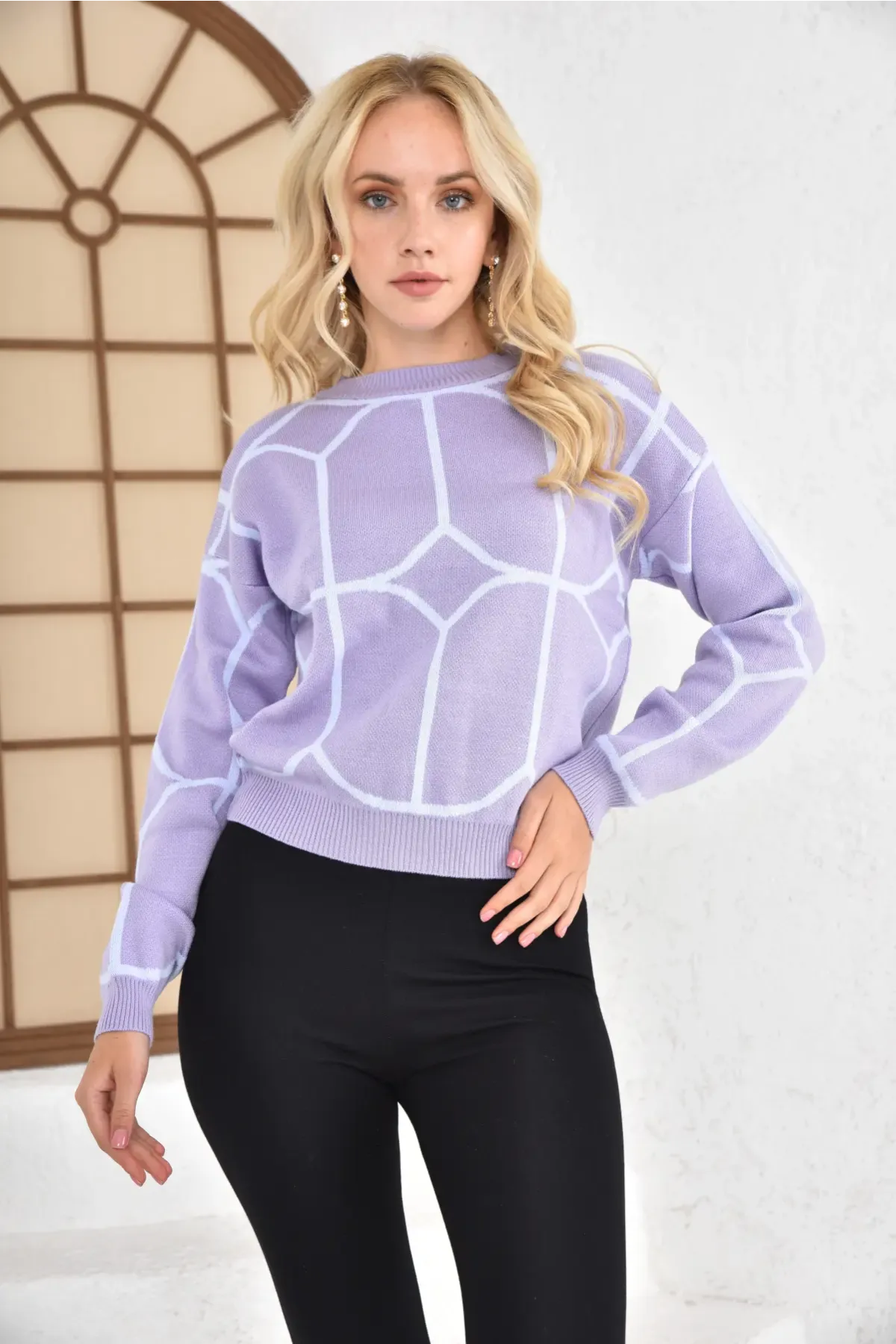 Kadın Bisiklet Yaka Desenli Triko Kazak