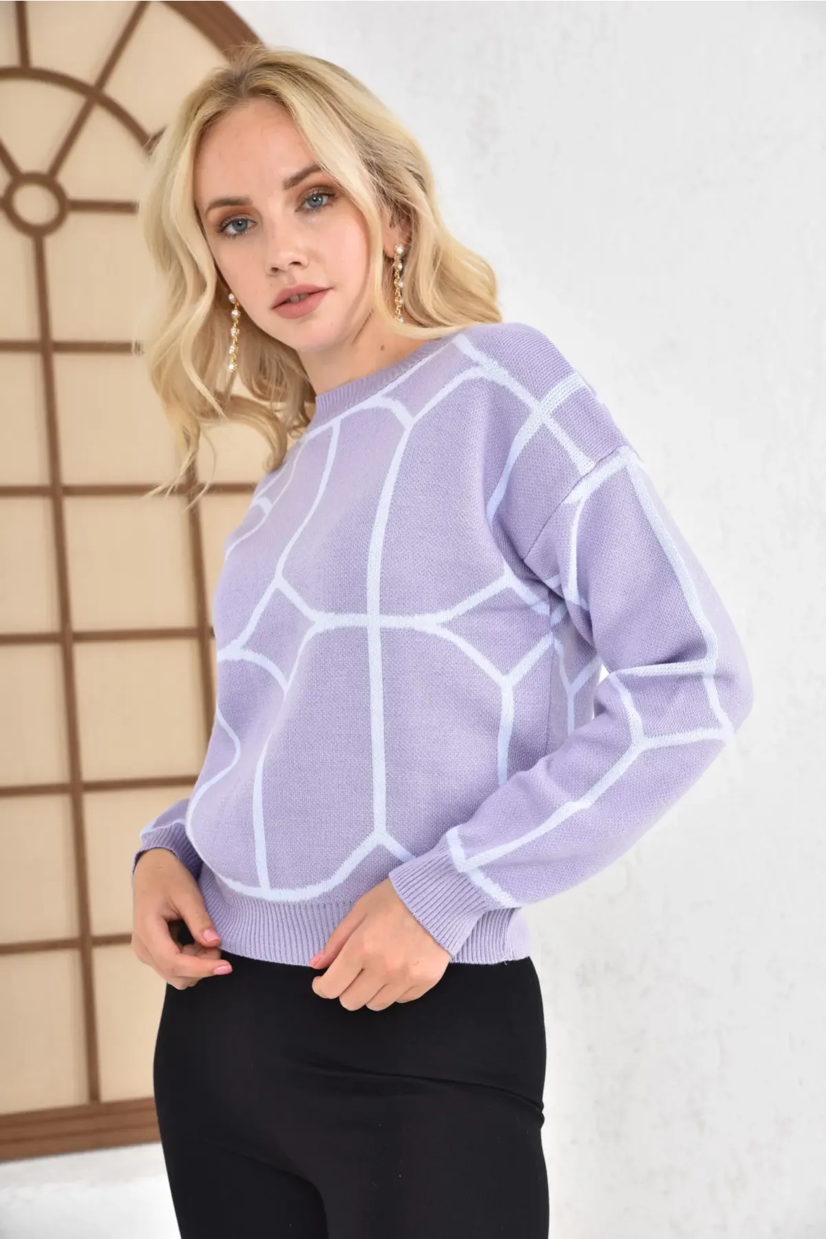 Kadın Bisiklet Yaka Desenli Triko Kazak