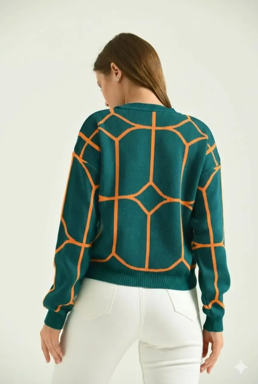 Kadın Bisiklet Yaka Desenli Triko Kazak