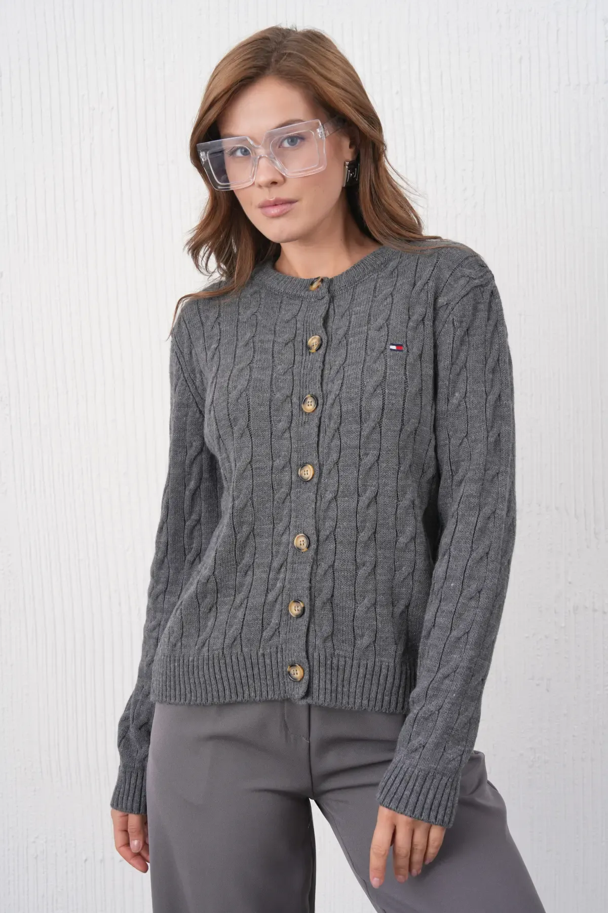 Kadın Bisiklet Yaka Düğme Kapama Saç Örgü Triko Ceket 8618