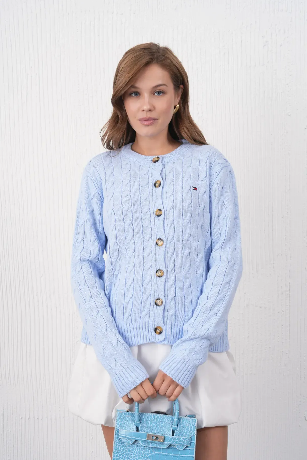 Kadın Bisiklet Yaka Düğme Kapama Saç Örgü Triko Ceket 8618