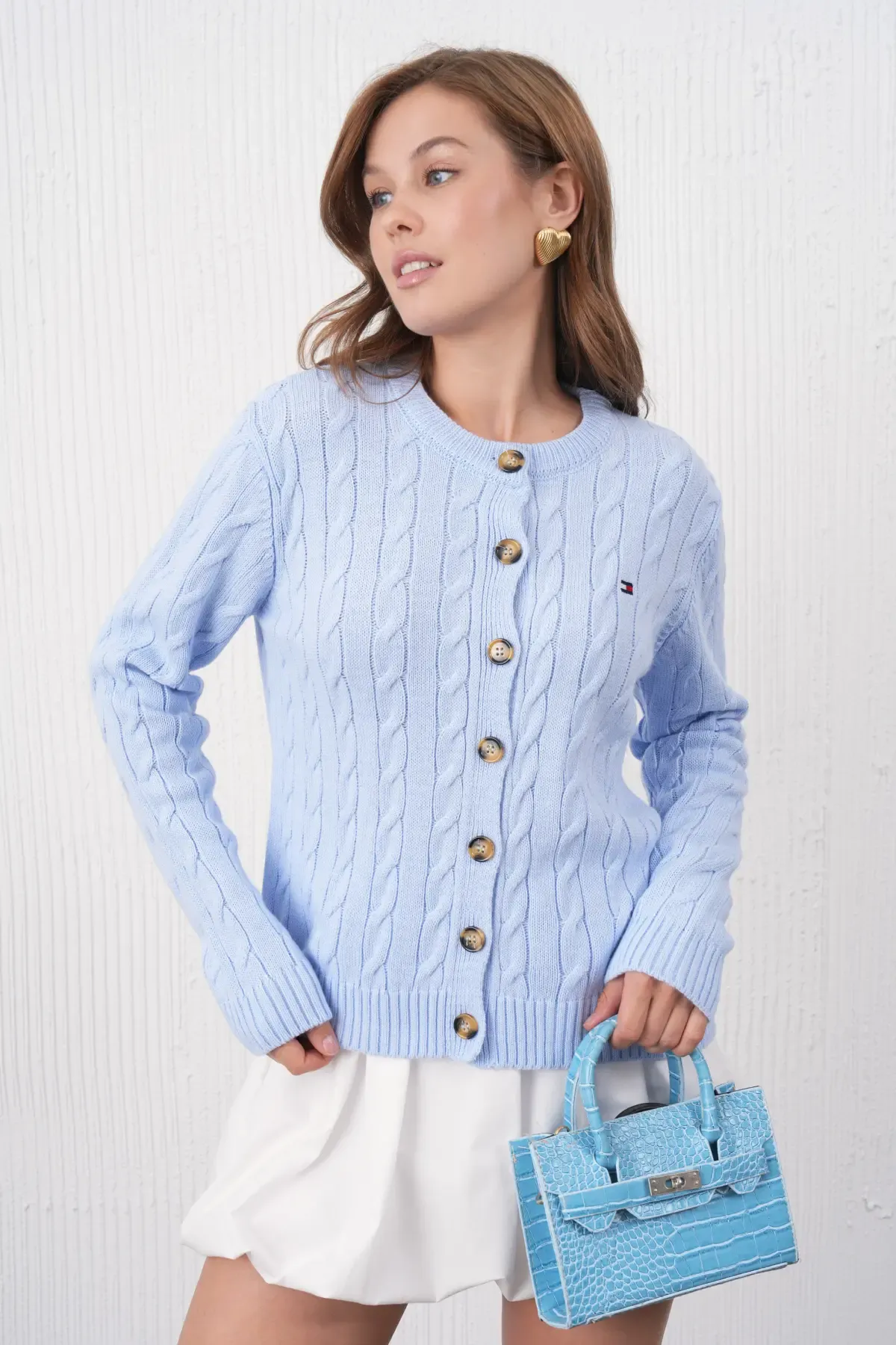 Kadın Bisiklet Yaka Düğme Kapama Saç Örgü Triko Ceket 8618