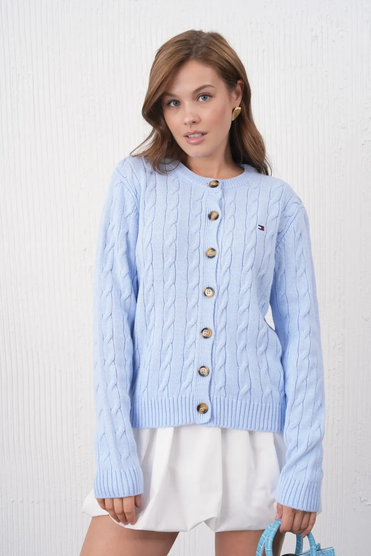 Kadın Bisiklet Yaka Düğme Kapama Saç Örgü Triko Ceket 8618