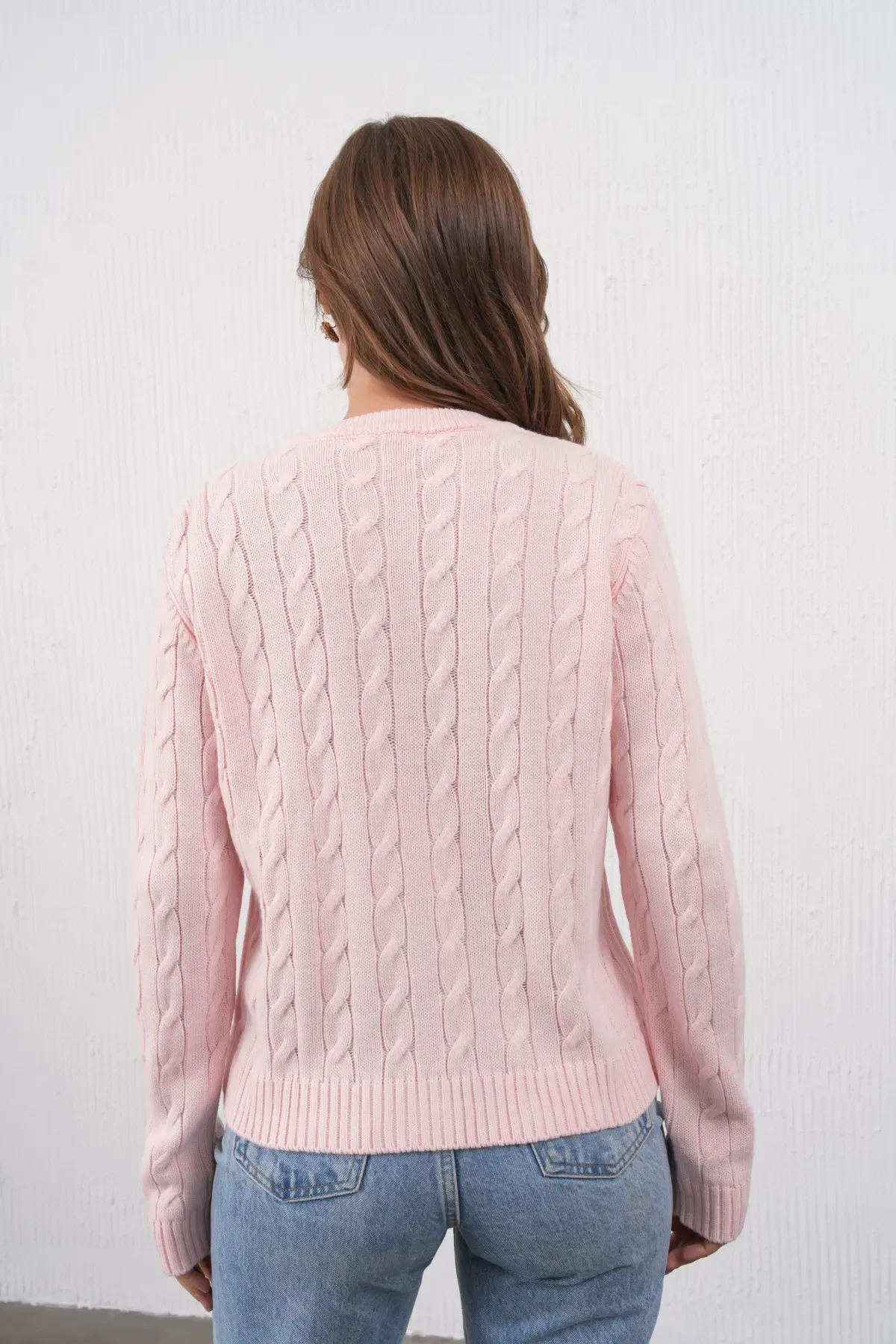 Kadın Bisiklet Yaka Düğme Kapama Saç Örgü Triko Ceket 8618