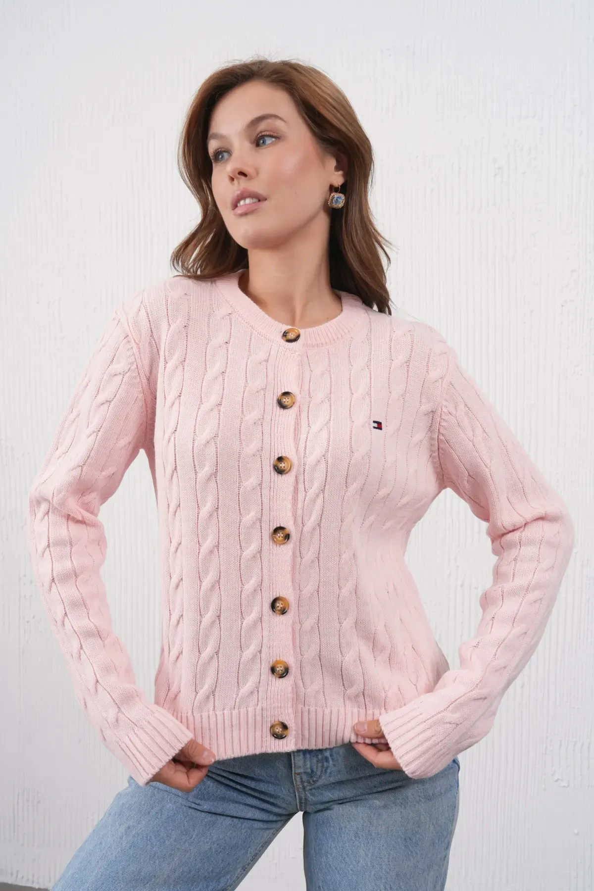 Kadın Bisiklet Yaka Düğme Kapama Saç Örgü Triko Ceket 8618