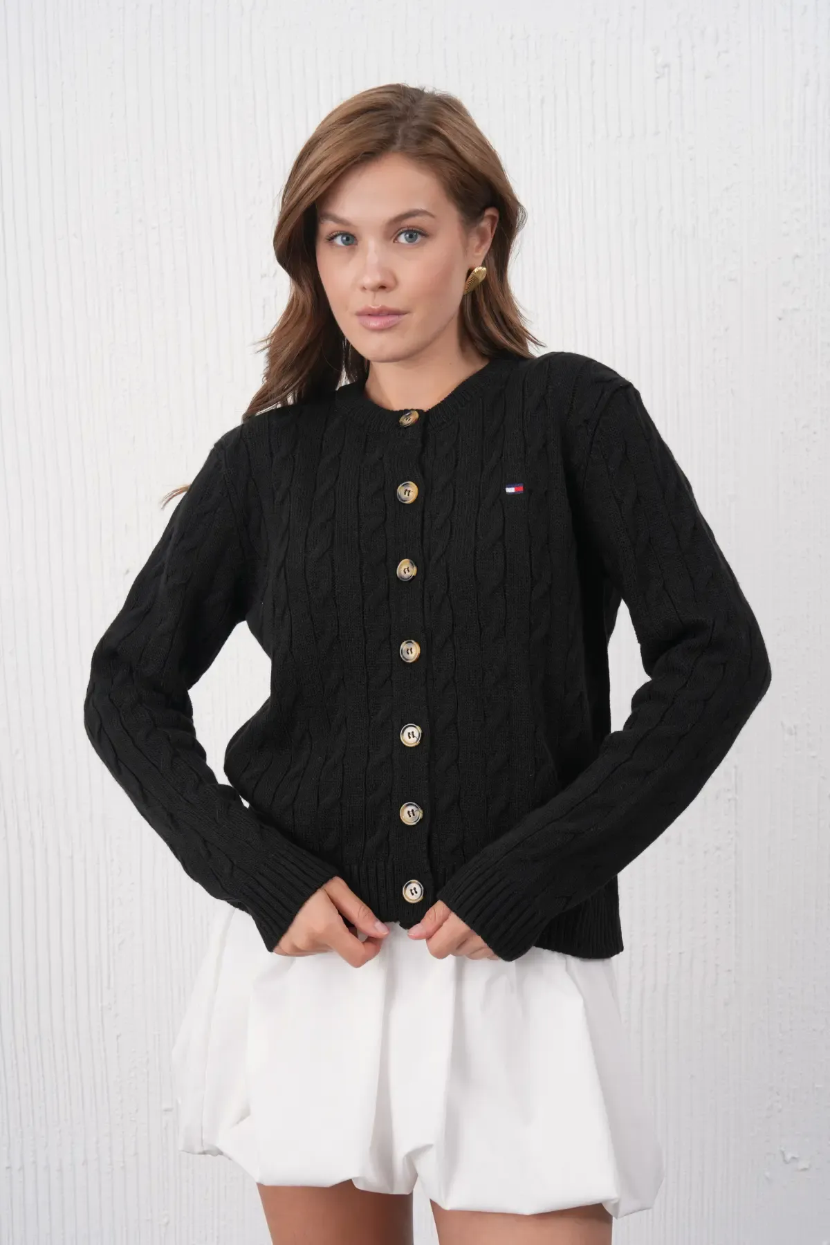 Kadın Bisiklet Yaka Düğme Kapama Saç Örgü Triko Ceket 8618