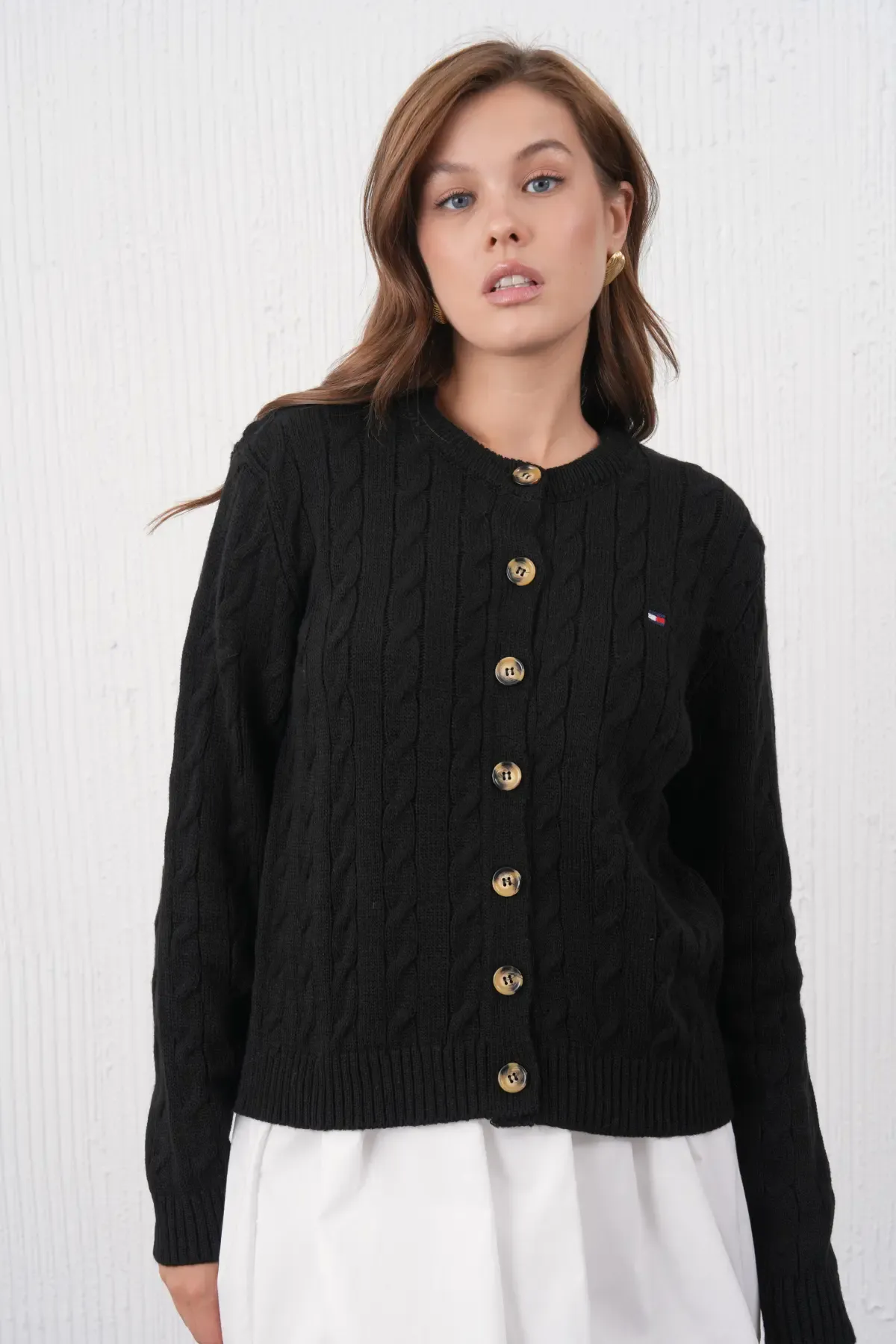 Kadın Bisiklet Yaka Düğme Kapama Saç Örgü Triko Ceket 8618