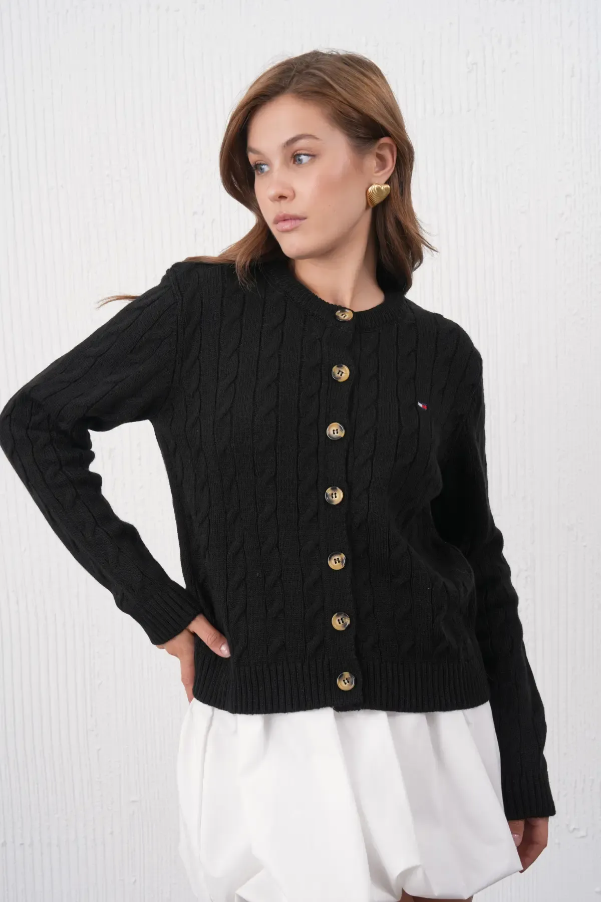 Kadın Bisiklet Yaka Düğme Kapama Saç Örgü Triko Ceket 8618