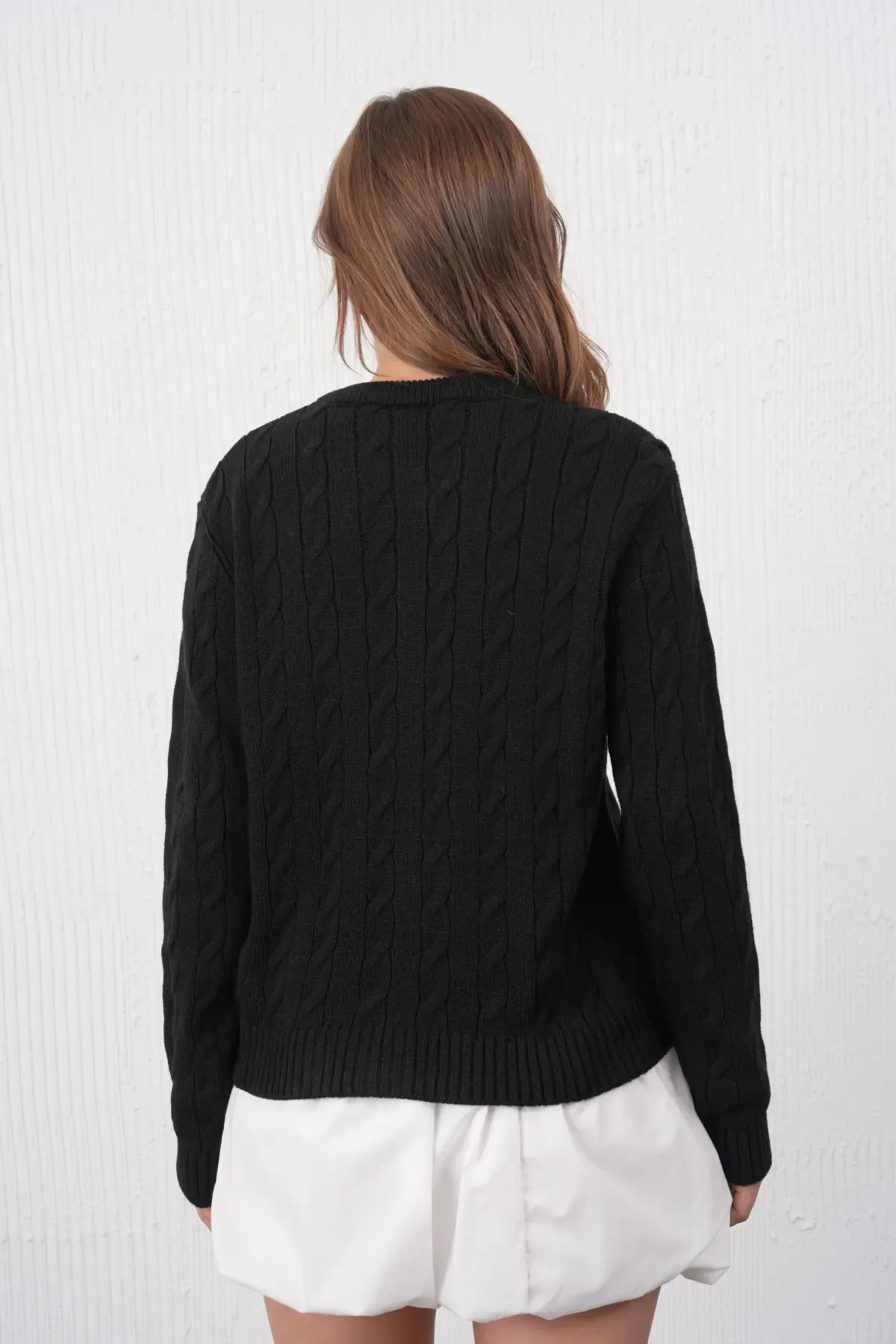 Kadın Bisiklet Yaka Düğme Kapama Saç Örgü Triko Ceket 8618