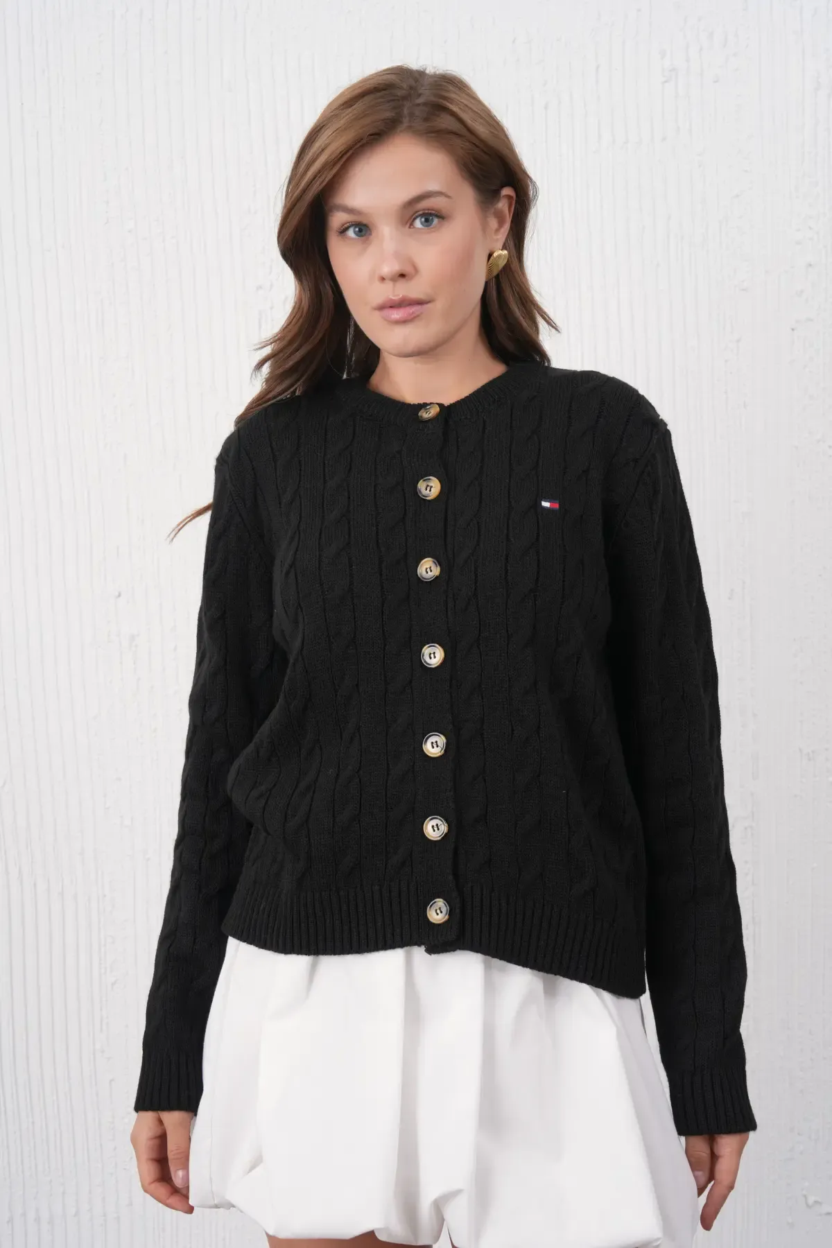 Kadın Bisiklet Yaka Düğme Kapama Saç Örgü Triko Ceket 8618