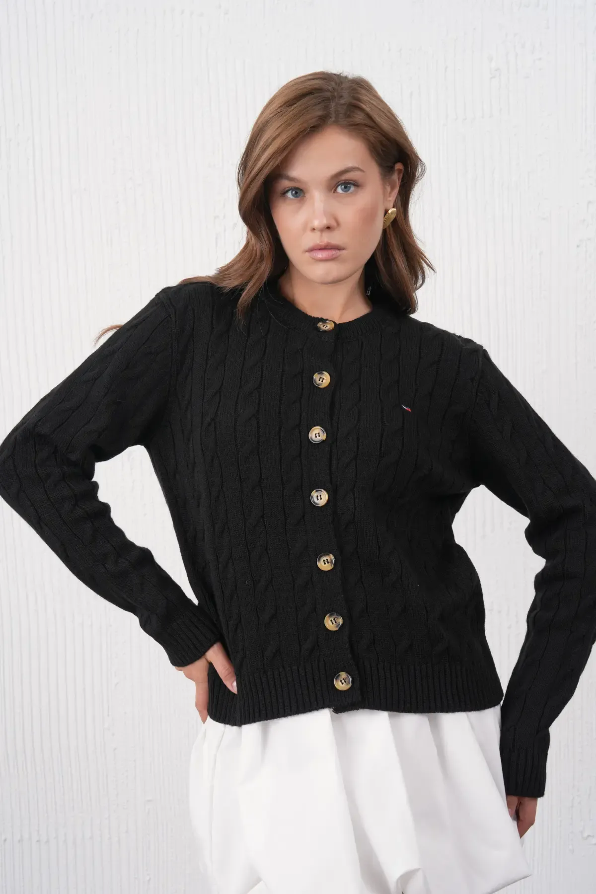 Kadın Bisiklet Yaka Düğme Kapama Saç Örgü Triko Ceket 8618