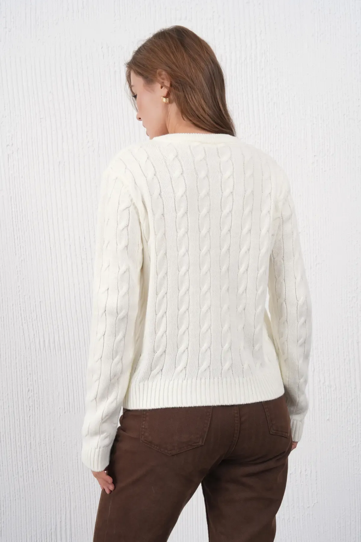 Kadın Bisiklet Yaka Düğme Kapama Saç Örgü Triko Ceket 8618