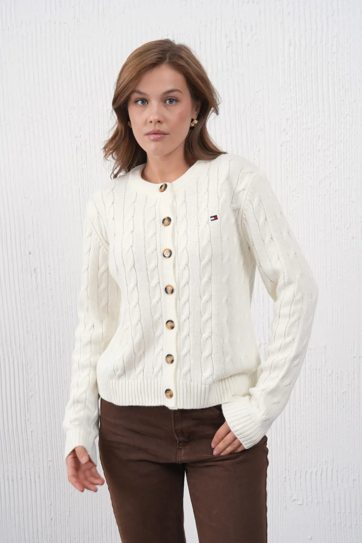 Kadın Bisiklet Yaka Düğme Kapama Saç Örgü Triko Ceket 8618