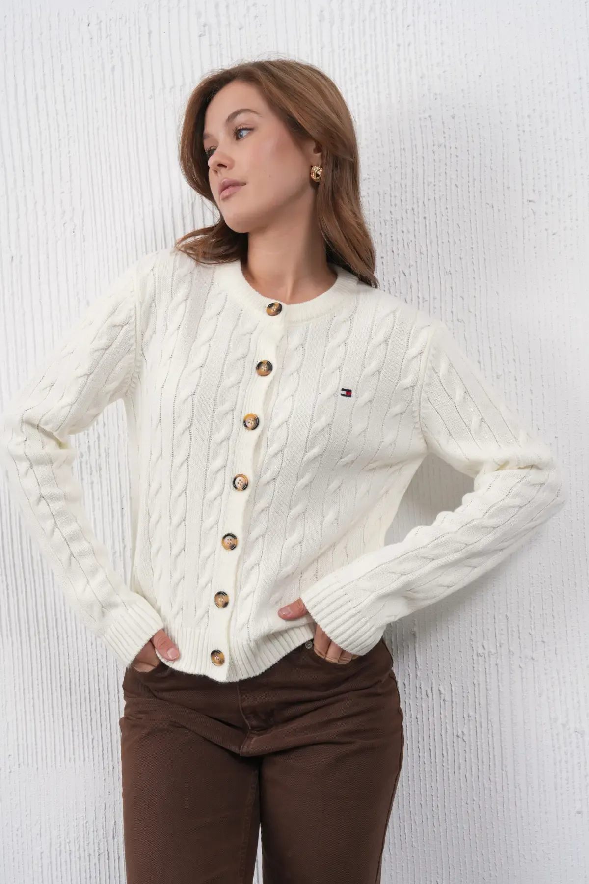 Kadın Bisiklet Yaka Düğme Kapama Saç Örgü Triko Ceket 8618