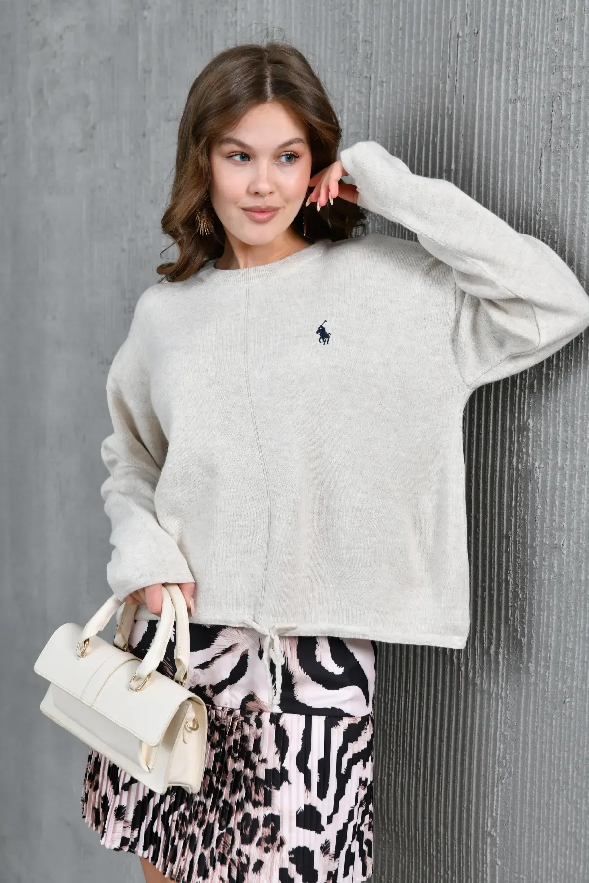 Kadın Bisiklet Yaka Eteği Bağcıklı Triko Kazak 10903