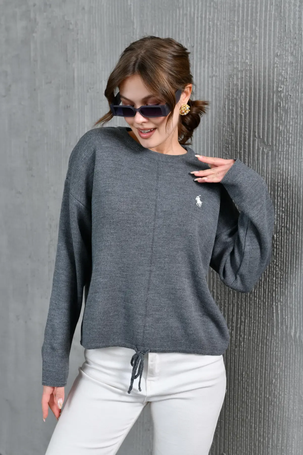 Kadın Bisiklet Yaka Eteği Bağcıklı Triko Kazak 10903