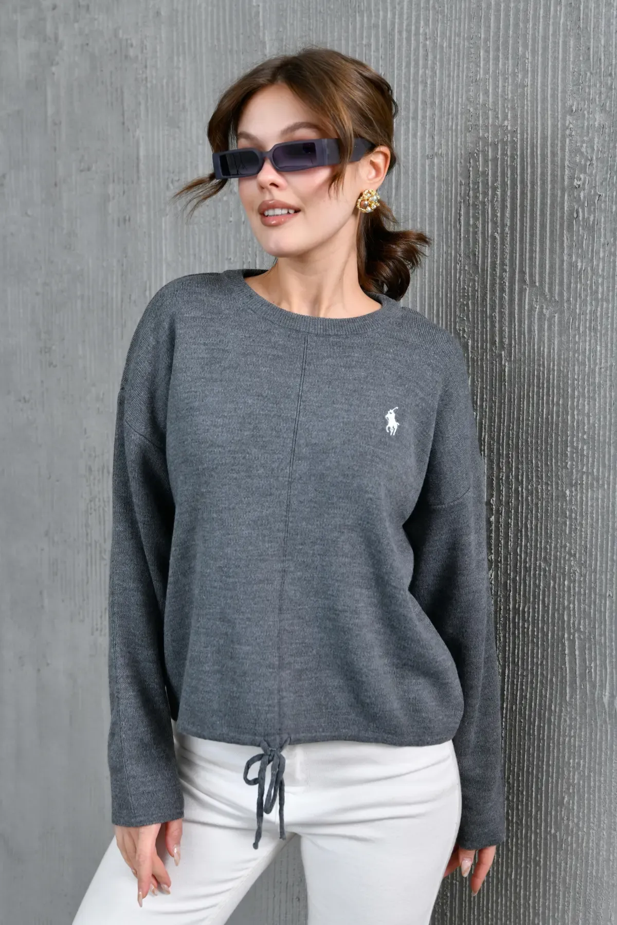 Kadın Bisiklet Yaka Eteği Bağcıklı Triko Kazak 10903