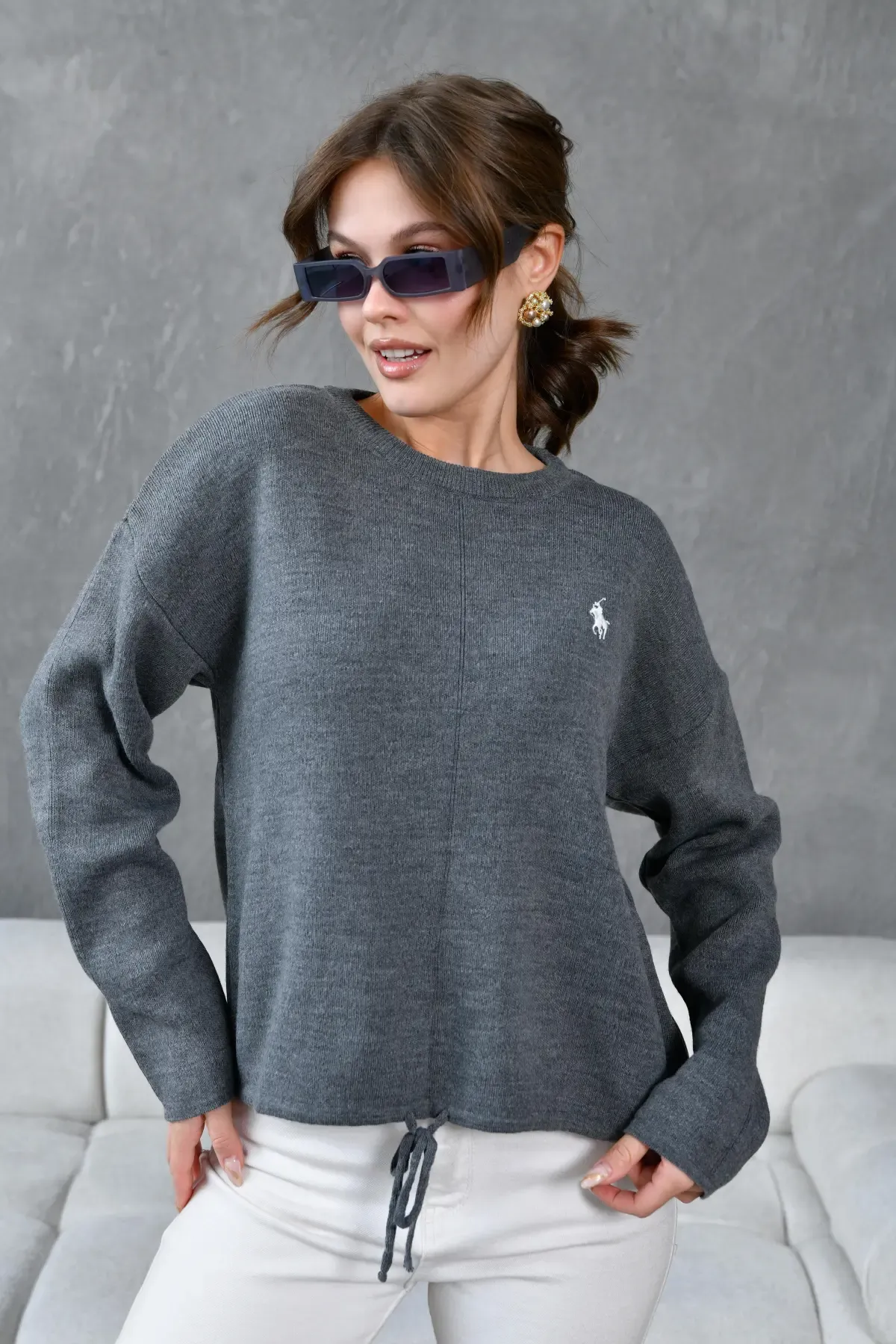 Kadın Bisiklet Yaka Eteği Bağcıklı Triko Kazak 10903