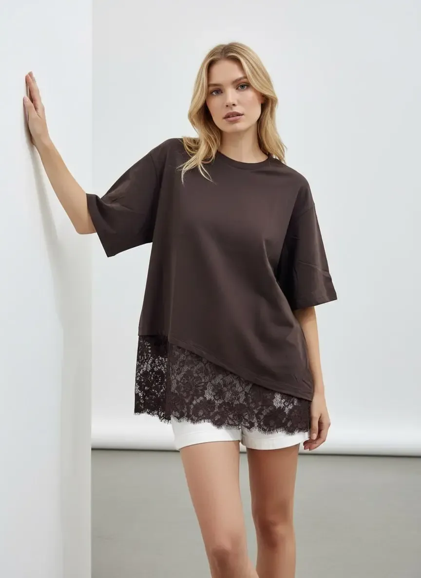 Kadın Bisiklet Yaka Eteği Dantel Detaylı %100 Cotton Penye Bluz 13009