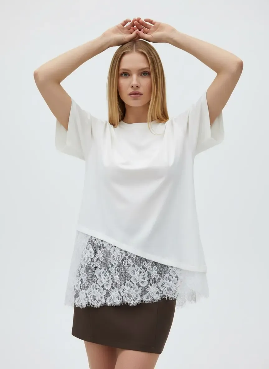 Kadın Bisiklet Yaka Eteği Dantel Detaylı %100 Cotton Penye Bluz 13009