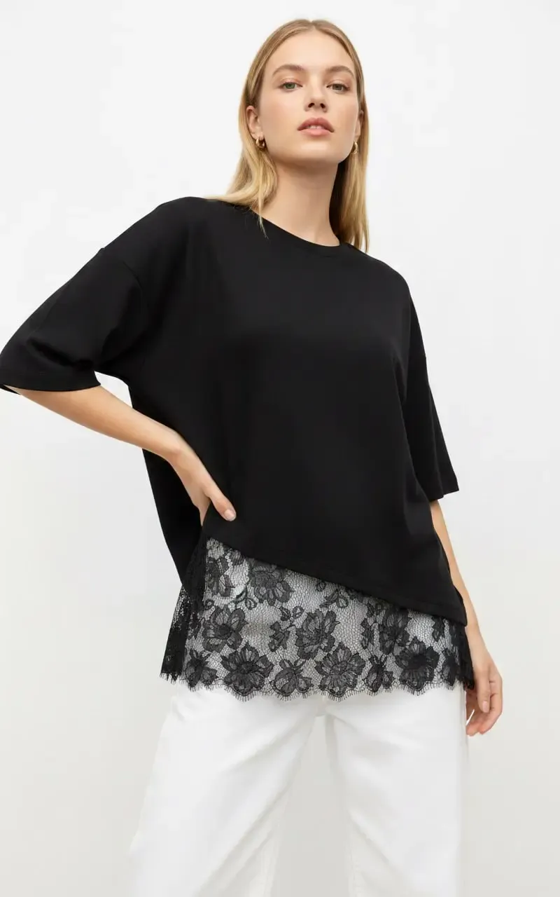 Kadın Bisiklet Yaka Eteği Dantel Detaylı %100 Cotton Penye Bluz 13009