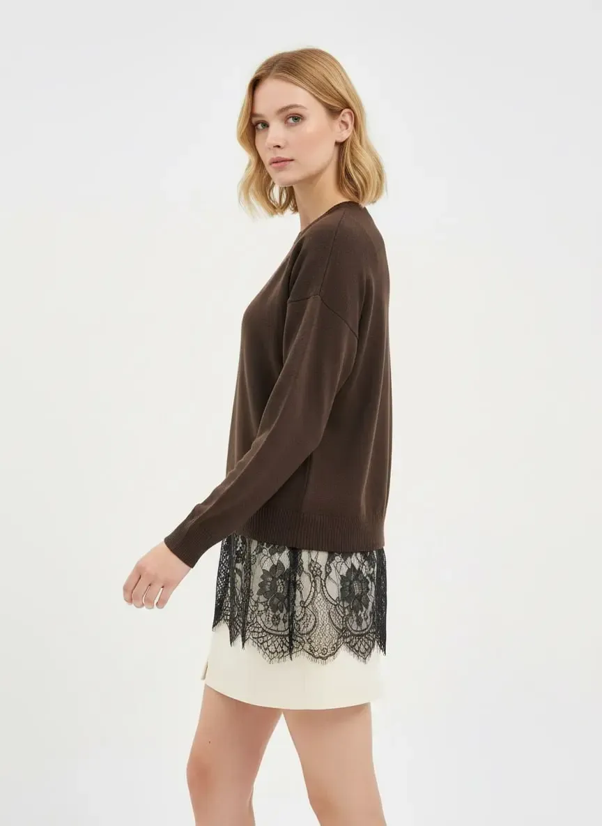 Kadın Bisiklet Yaka Eteği Dantelli Triko Kazak 12423