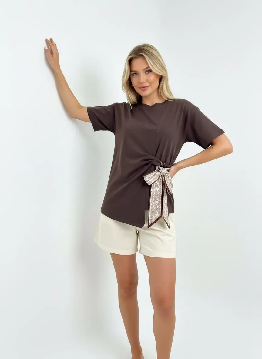 26013 %100 Pamuk Bisiklet Yaka Fular Detay Penye Bluz