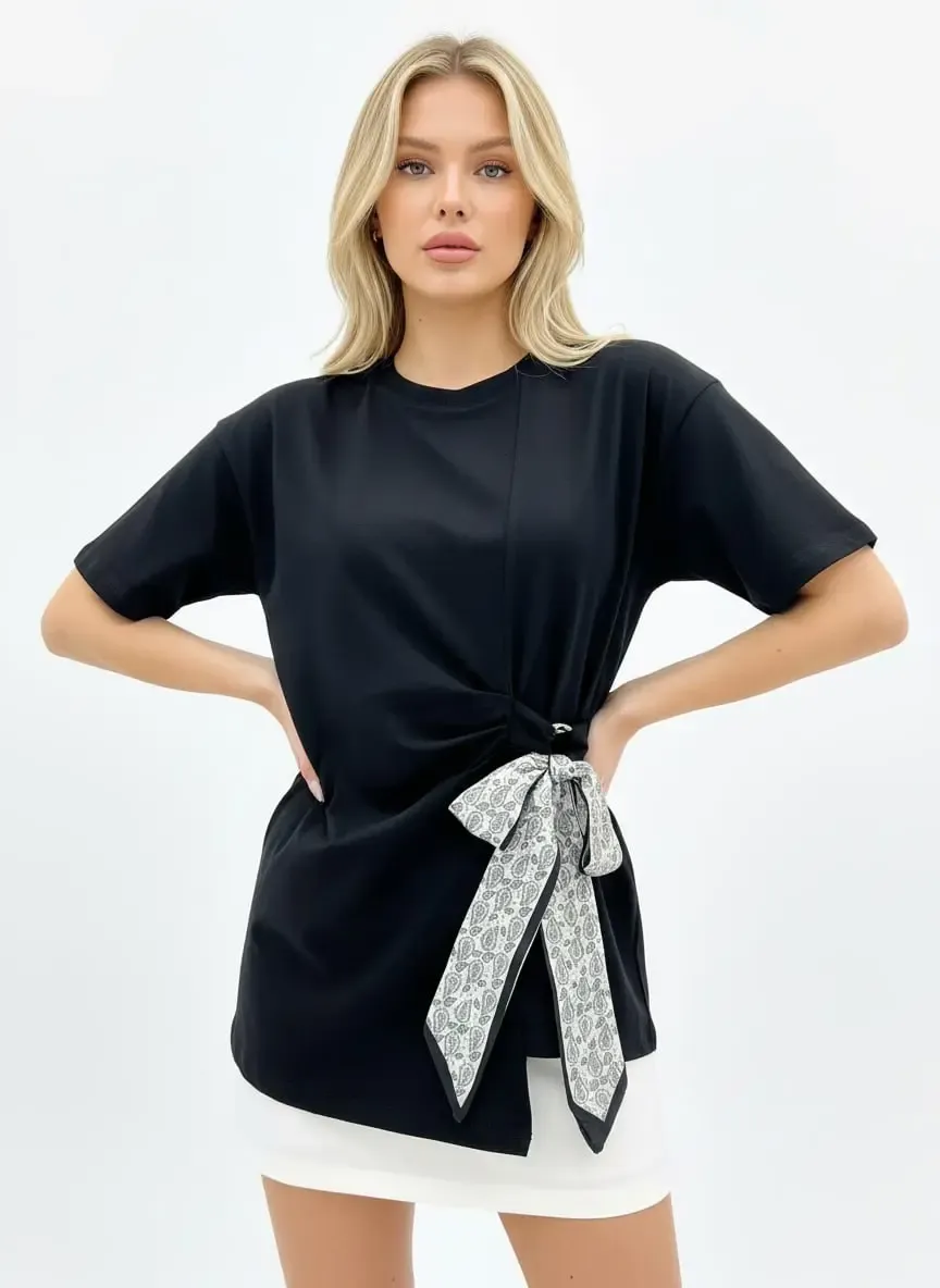 26013 %100 Pamuk Bisiklet Yaka Fular Detay Penye Bluz