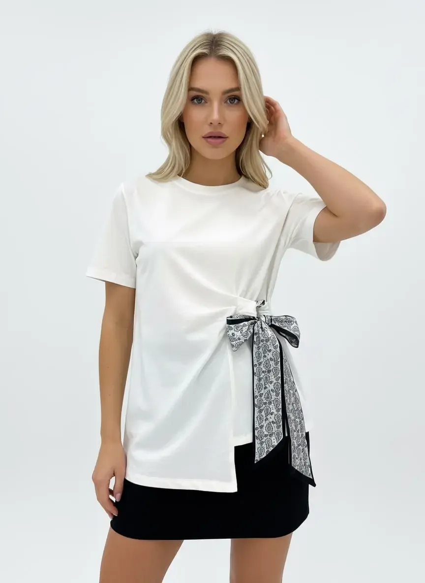 26013 %100 Pamuk Bisiklet Yaka Fular Detay Penye Bluz