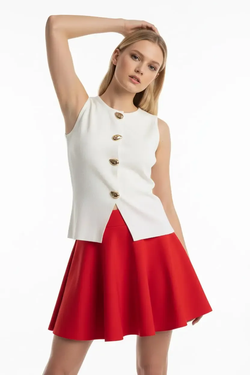 Kadın Bisiklet Yaka Gold Düğme Detay Yeni Sezon Premium İplik Triko Yelek 12422