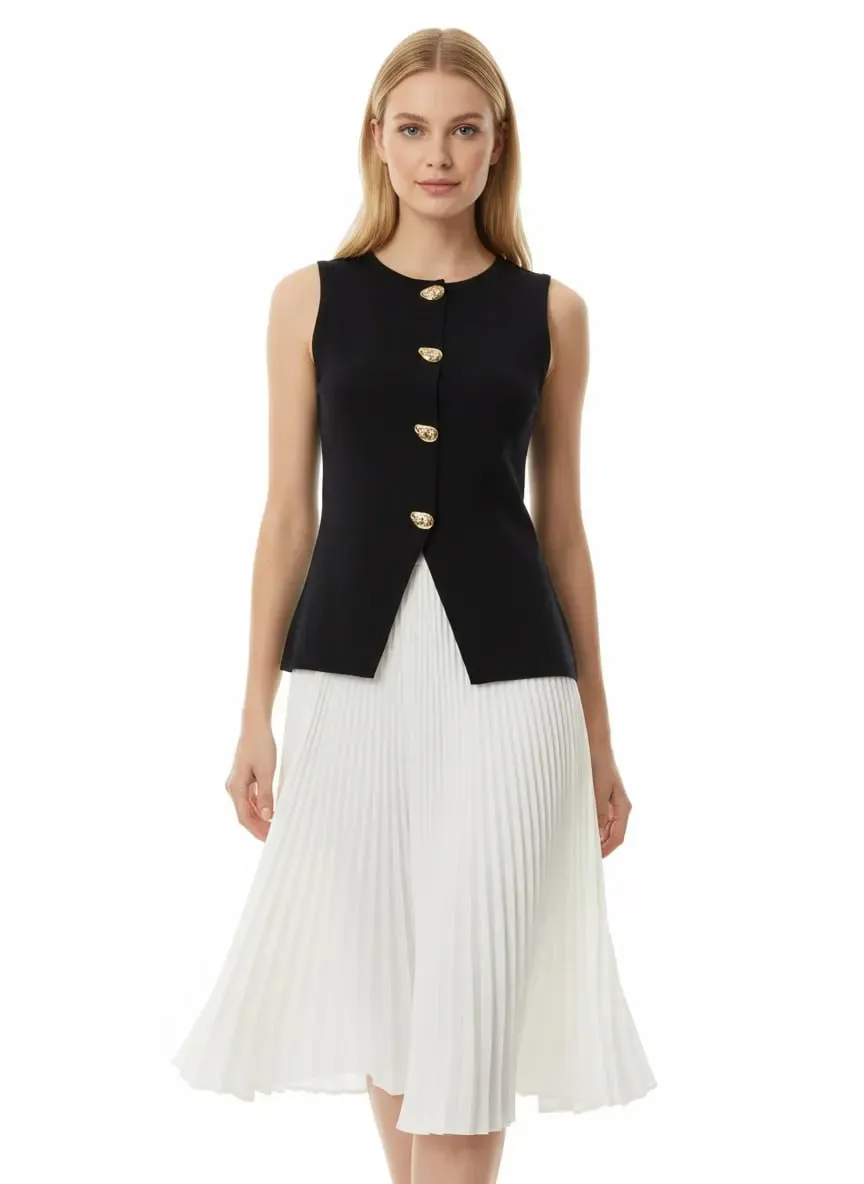 Kadın Bisiklet Yaka Gold Düğme Detay Yeni Sezon Premium İplik Triko Yelek 12422