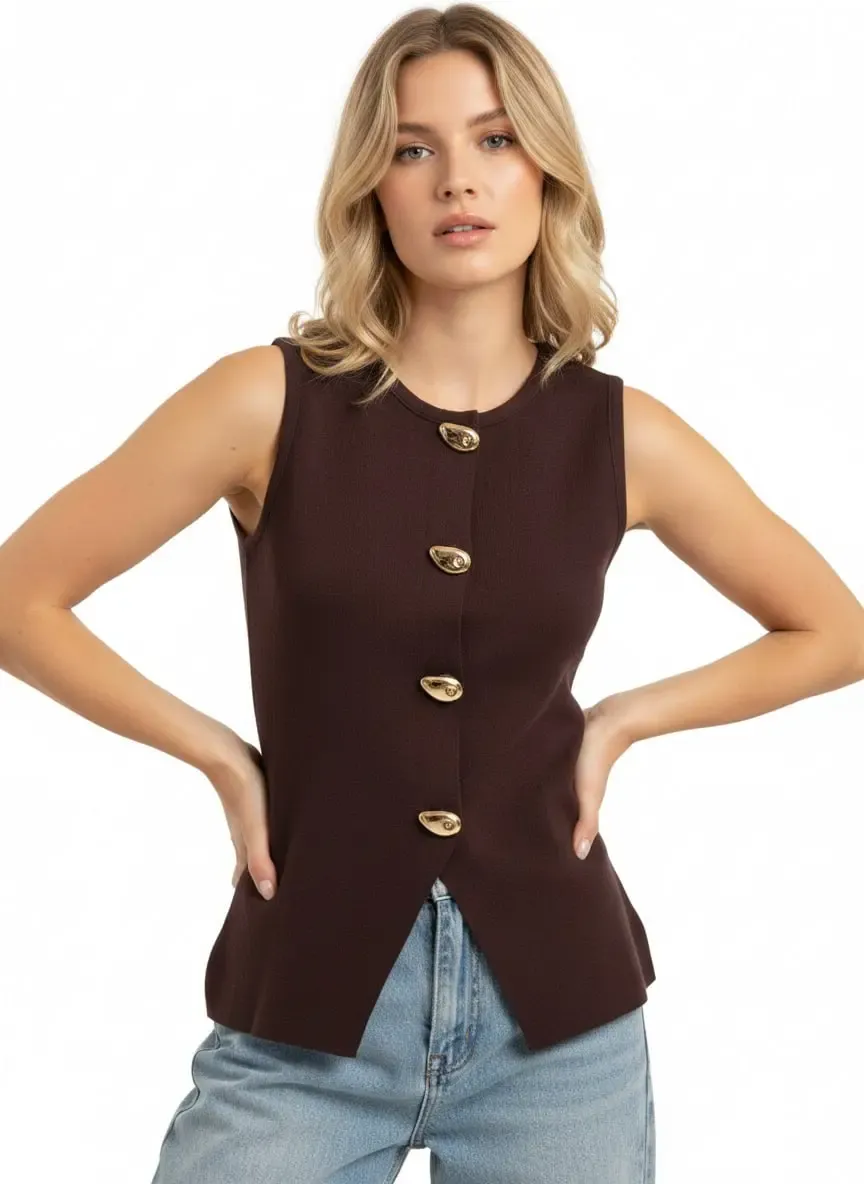 Kadın Bisiklet Yaka Gold Düğme Detay Yeni Sezon Premium İplik Triko Yelek 12422