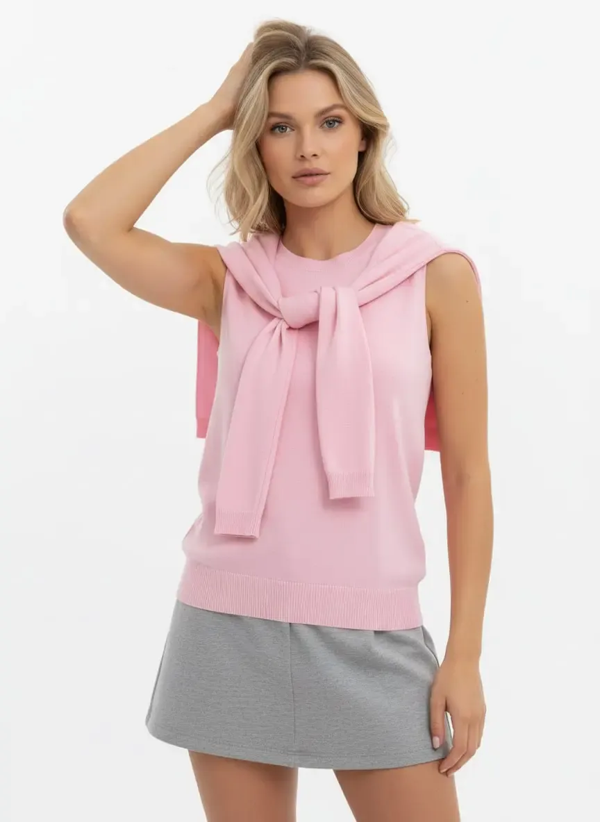 Kadın Bisiklet Yaka Kolsuz Atkılı Viskon Triko Kazak 12473.Vrt