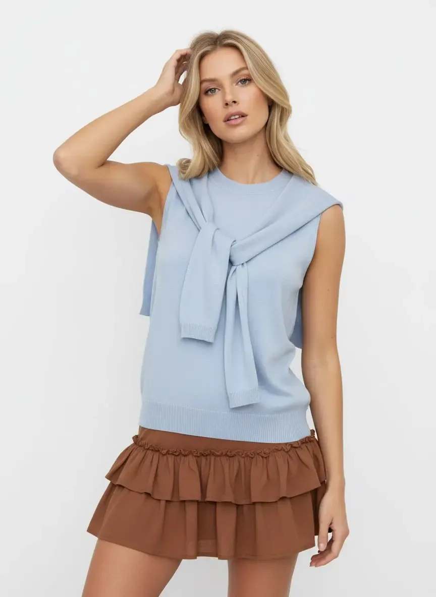 Kadın Bisiklet Yaka Kolsuz Atkılı Viskon Triko Kazak 12473.Vrt