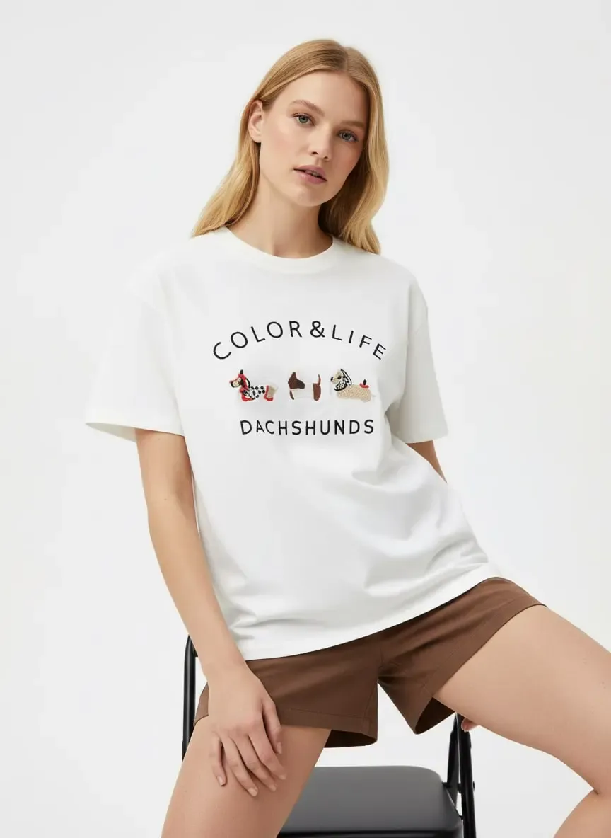 Kadın Bisiklet Yaka Nakış Detay Salaş Penye Bluz 26011