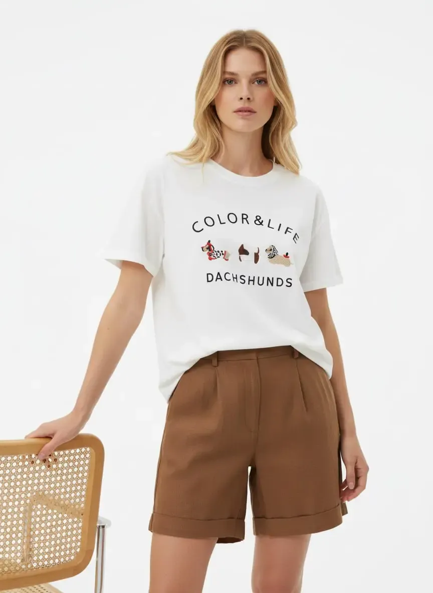 Kadın Bisiklet Yaka Nakış Detay Salaş Penye Bluz 26011