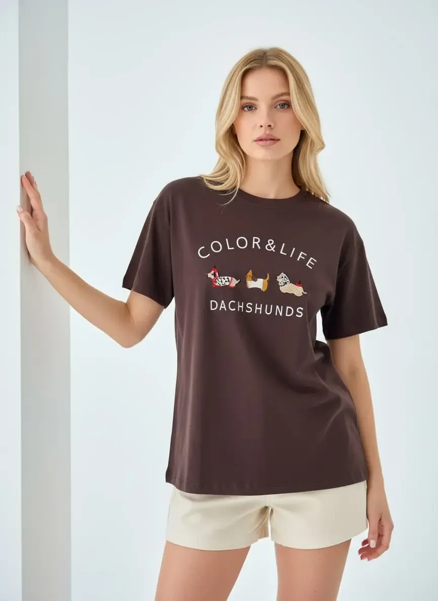 Kadın Bisiklet Yaka Nakış Detay Salaş Penye Bluz 26011